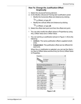 Structural Framing
How To: Change the Justification Offset
Graphically
1. Select the structural framing element.
2. In the Modify | Structural Framing tab>Justification panel:
• Modify the horizontal offset and distance by clicking
(y Offset), or type JY.
• Modify the vertical offset and distance by clicking
(z Offset), or type JZ.
3. Select the offset start point and then the offset end point.
• You can also modify the offset values in Properties by using
the y Offset Value and z Offset Value.
• You can set the yz Justification (shown in Figure 1–45) to the
following:
• Uniform: The same justification offset is applied to both
ends.
• Independent: The justification offset can be different for
each end.
When the yz Justification is selected, you can set the Start y
(or Start z) Offset Value and the End y (or End z) Offset Value
in Properties.
Figure 1–45
hamisiyya5@gmail.com 29
 