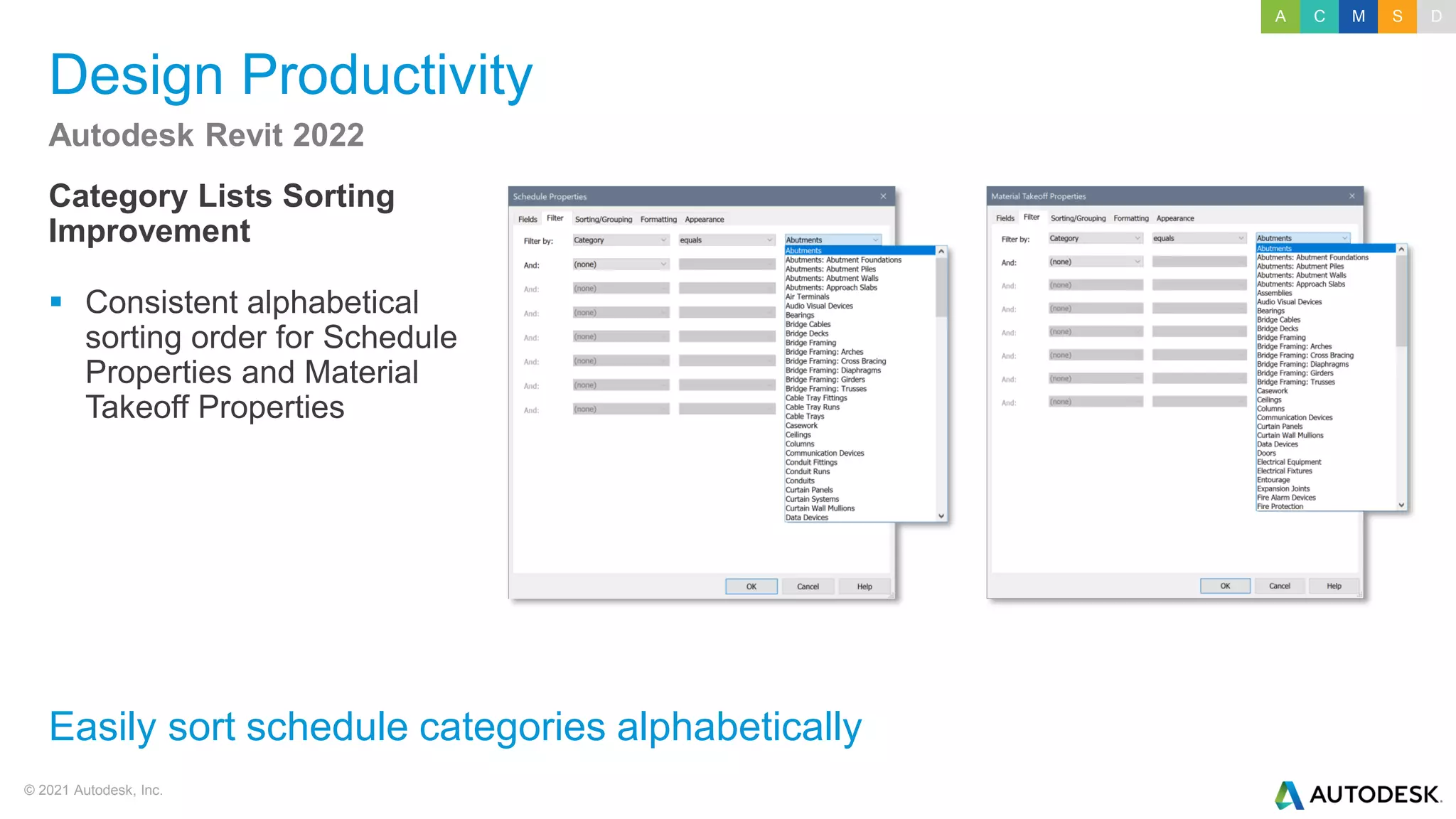 © 2021 Autodesk, Inc.
Design Productivity
Category Lists Sorting
Improvement
▪ Consistent alphabetical
sorting order for Schedule
Properties and Material
Takeoff Properties
Autodesk Revit 2022
Easily sort schedule categories alphabetically
A C M S D
 