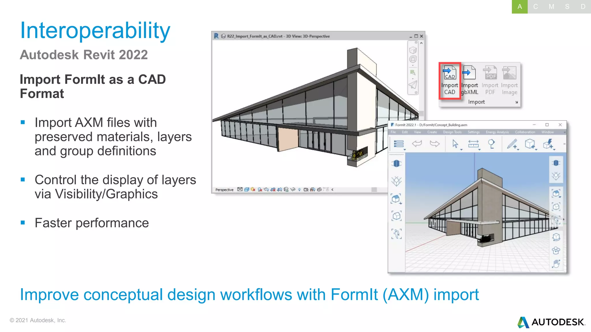 © 2021 Autodesk, Inc.
Interoperability
Import FormIt as a CAD
Format
▪ Import AXM files with
preserved materials, layers
and group definitions
▪ Control the display of layers
via Visibility/Graphics
▪ Faster performance
Autodesk Revit 2022
Improve conceptual design workflows with FormIt (AXM) import
A C M S D
 