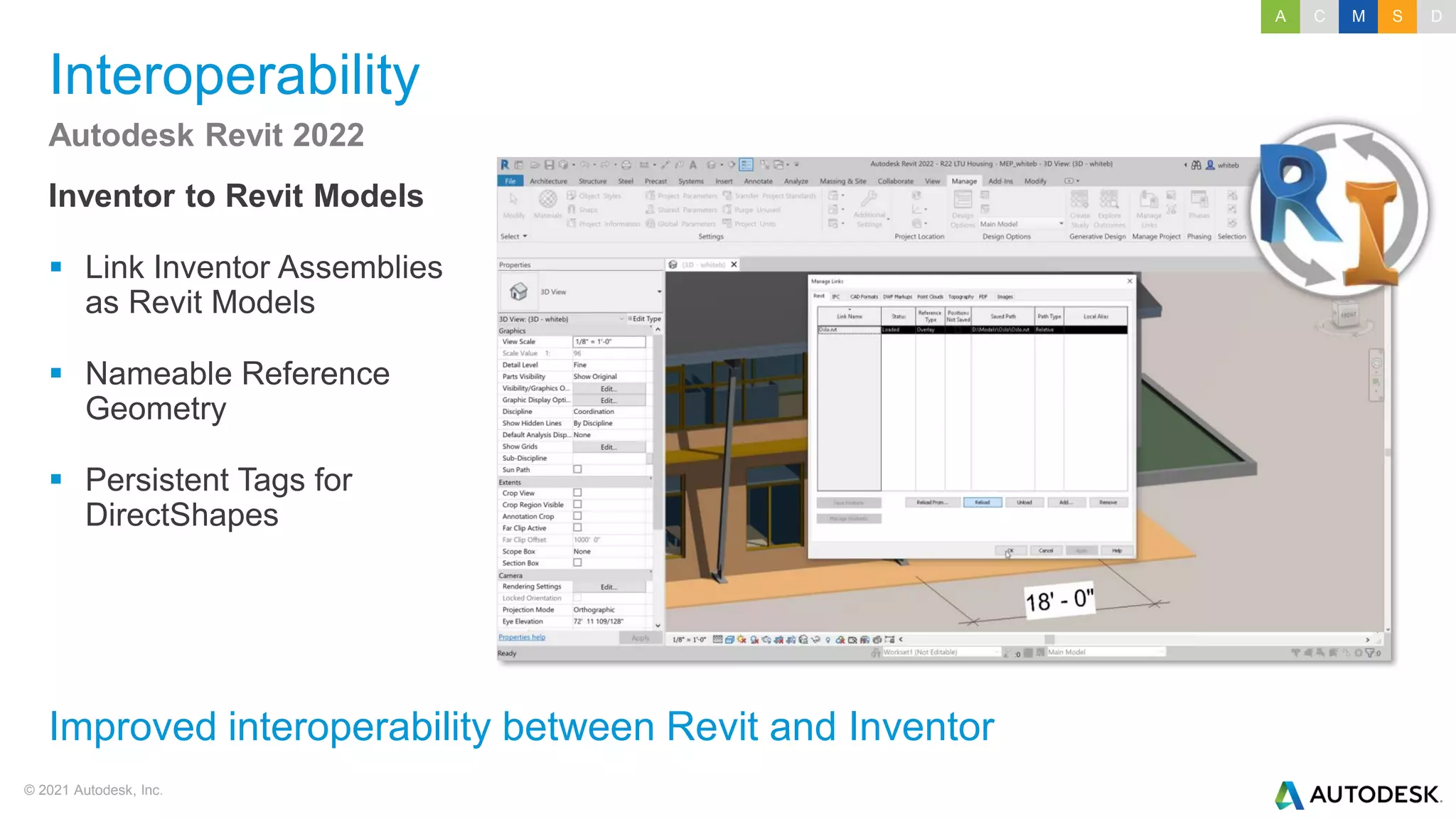 © 2021 Autodesk, Inc.
Interoperability
Inventor to Revit Models
▪ Link Inventor Assemblies
as Revit Models
▪ Nameable Reference
Geometry
▪ Persistent Tags for
DirectShapes
Autodesk Revit 2022
Improved interoperability between Revit and Inventor
A C M S D
 