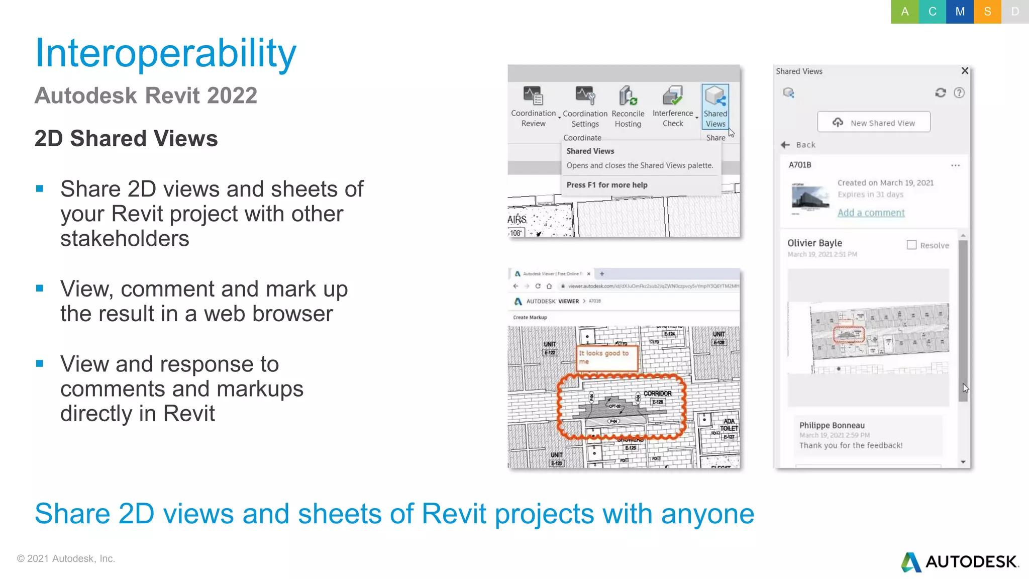 © 2021 Autodesk, Inc.
Interoperability
2D Shared Views
▪ Share 2D views and sheets of
your Revit project with other
stakeholders
▪ View, comment and mark up
the result in a web browser
▪ View and response to
comments and markups
directly in Revit
Autodesk Revit 2022
Share 2D views and sheets of Revit projects with anyone
A C M S D
 