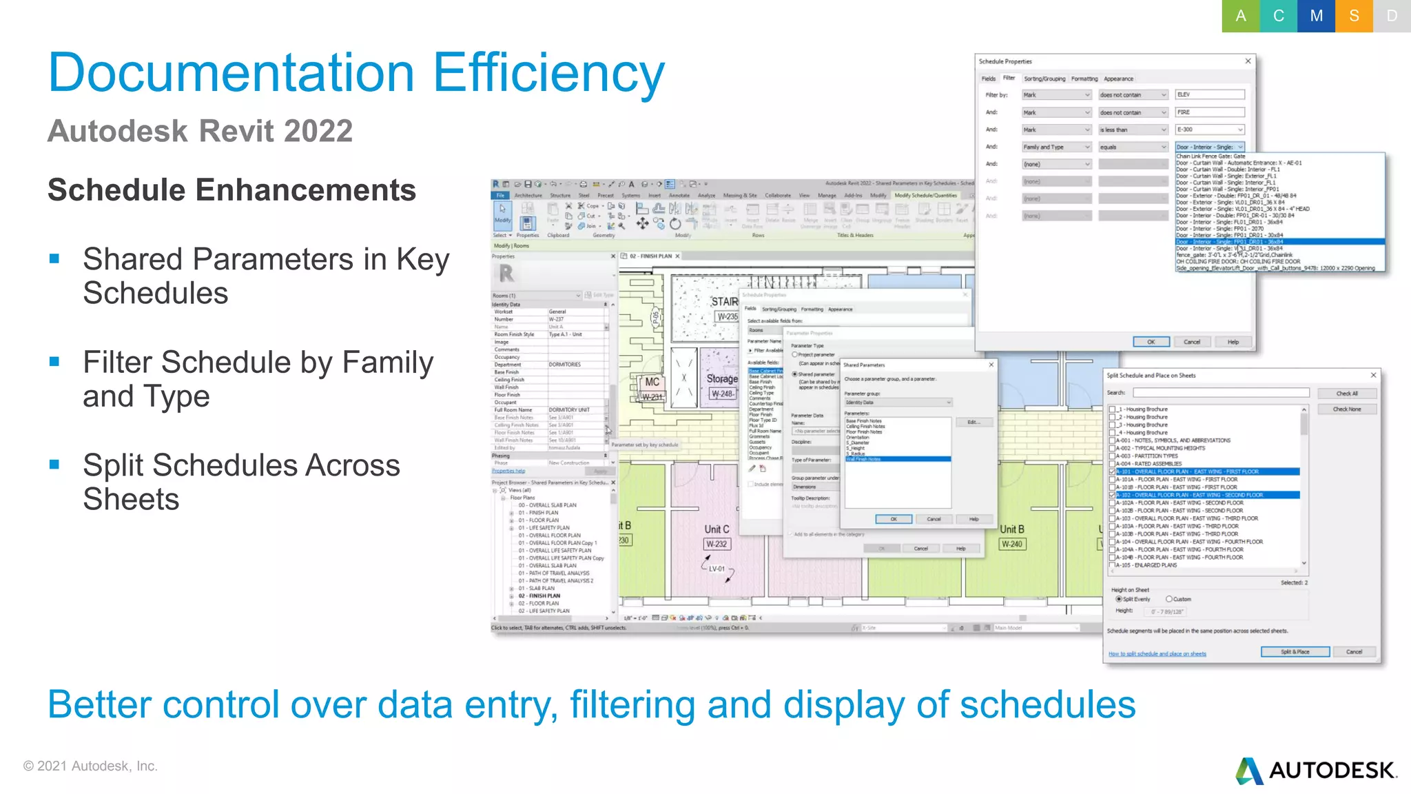 © 2021 Autodesk, Inc.
Documentation Efficiency
Schedule Enhancements
▪ Shared Parameters in Key
Schedules
▪ Filter Schedule by Family
and Type
▪ Split Schedules Across
Sheets
Autodesk Revit 2022
Better control over data entry, filtering and display of schedules
A C M S D
 