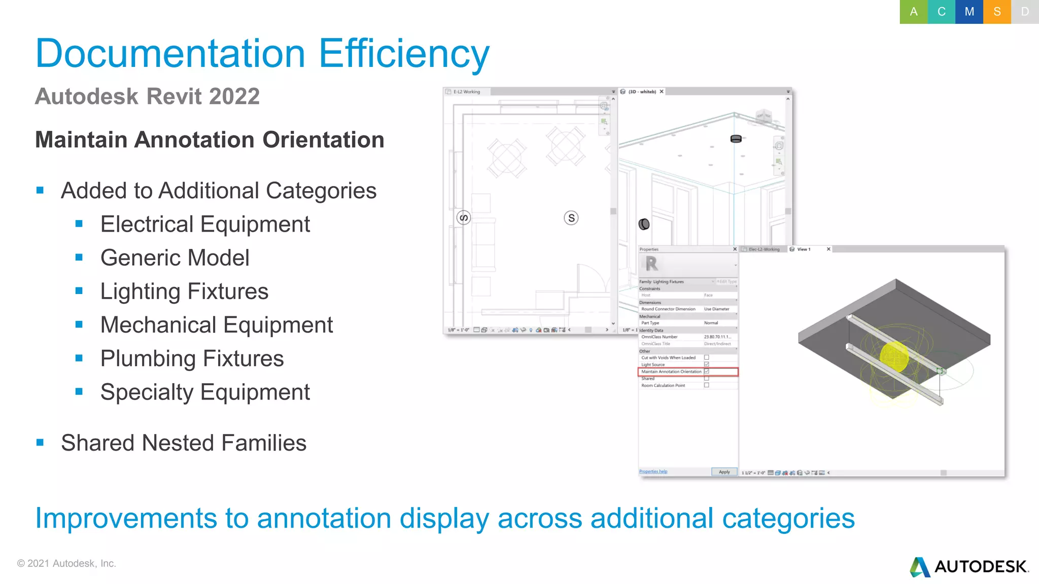 © 2021 Autodesk, Inc.
Documentation Efficiency
Maintain Annotation Orientation
▪ Added to Additional Categories
▪ Electrical Equipment
▪ Generic Model
▪ Lighting Fixtures
▪ Mechanical Equipment
▪ Plumbing Fixtures
▪ Specialty Equipment
▪ Shared Nested Families
Autodesk Revit 2022
Improvements to annotation display across additional categories
A C M S D
 