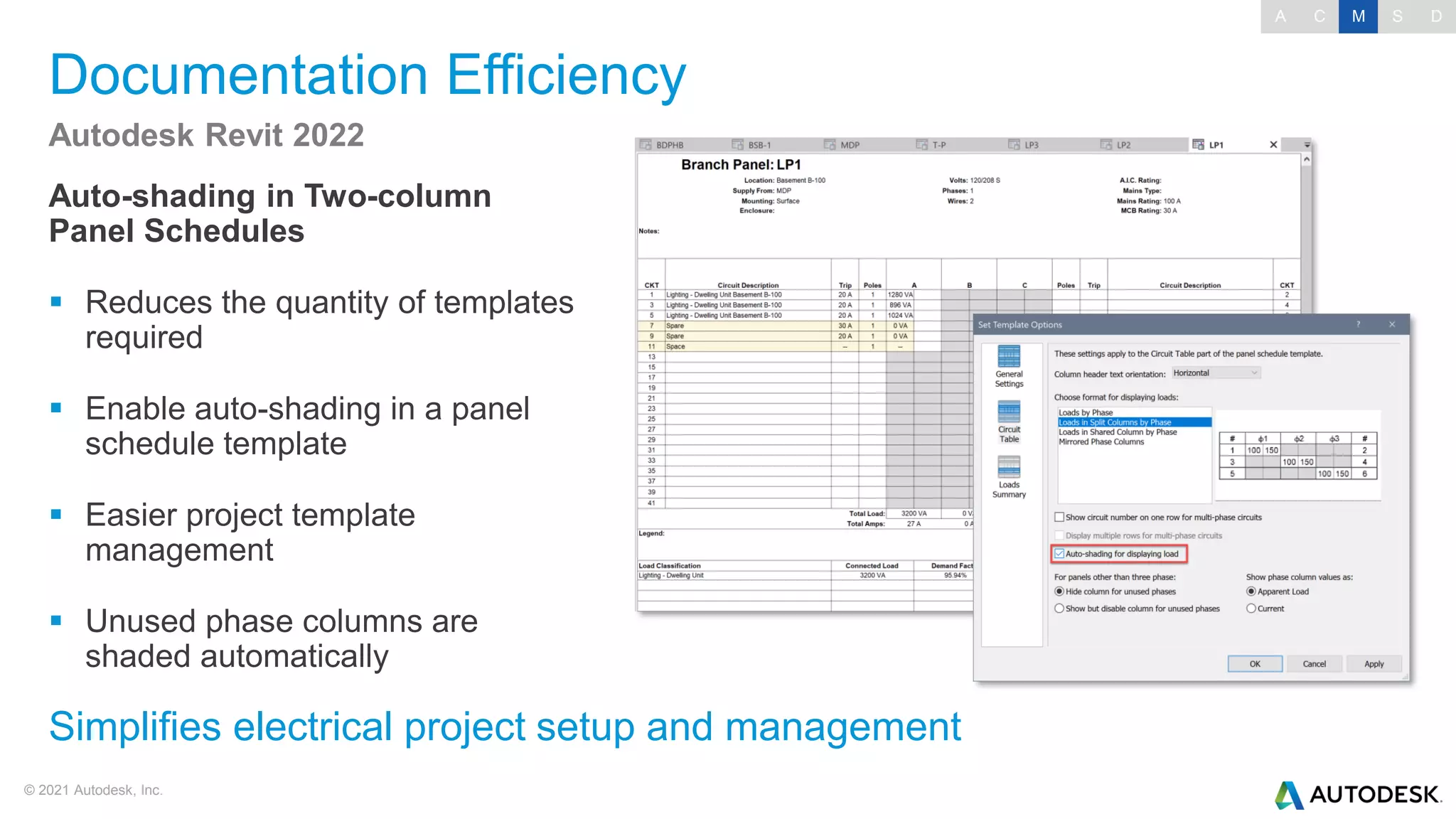 © 2021 Autodesk, Inc.
Documentation Efficiency
Auto-shading in Two-column
Panel Schedules
▪ Reduces the quantity of templates
required
▪ Enable auto-shading in a panel
schedule template
▪ Easier project template
management
▪ Unused phase columns are
shaded automatically
Autodesk Revit 2022
Simplifies electrical project setup and management
A C M S D
 
