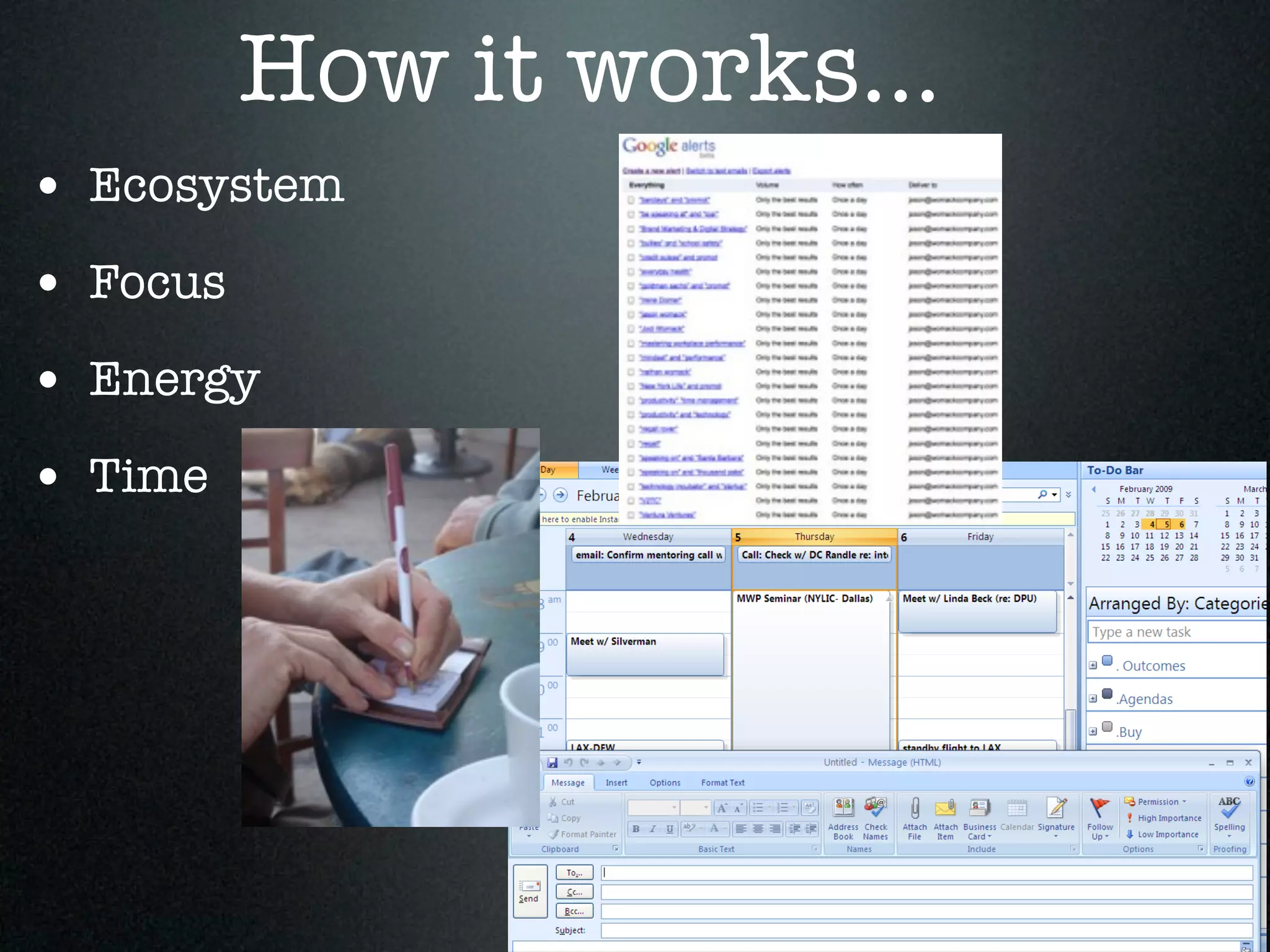 How it works...
• Ecosystem
• Focus
• Energy
• Time
 