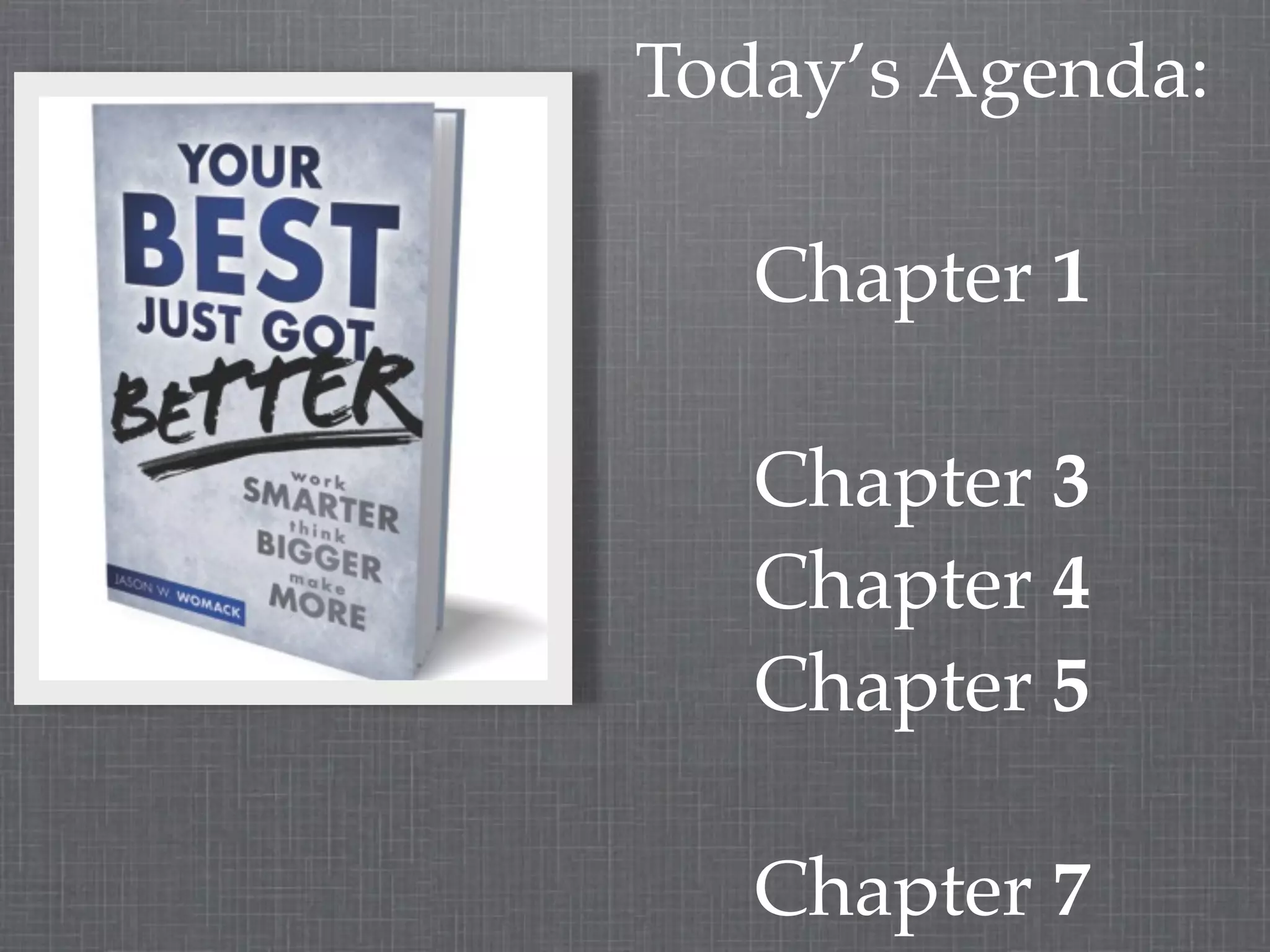 Today’s Agenda:

   Chapter 1

   Chapter 3
   Chapter 4
   Chapter 5

   Chapter 7
 