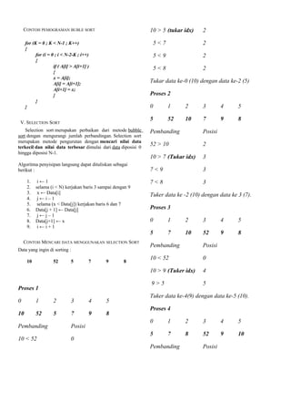 CONTOH PEMOGRAMAN BUBLE SORT
for (K = 0 ; K < N-1 ; K++)
{
for (i = 0 ; i < N-2-K ; i++)
{
if ( A[i] > A[i+1] )
{
x = A[i];
A[i] = A[i+1];
A[i+1] = x;
}
}
}
V. SELECTION SORT
Selection sort merupakan perbaikan dari metode bubble
sort dengan mengurangi jumlah perbandingan. Selection sort
merupakan metode pengurutan dengan mencari nilai data
terkecil dan nilai data terbesar dimulai dari data diposisi 0
hingga diposisi N-1.
Algoritma penyisipan langsung dapat dituliskan sebagai
berikut :
1. i ← 1
2. selama (i < N) kerjakan baris 3 sampai dengan 9
3. x ← Data[i]
4. j ← i – 1
5. selama (x < Data[j]) kerjakan baris 6 dan 7
6. Data[j + 1] ← Data[j]
7. j ← j – 1
8. Data[j+1] ← x
9. i ← i + 1
CONTOH MENCARI DATA MENGGUNAKAN SELECTION SORT
Data yang ingin di sorting :
10 52 5 7 9 8
Proses 1
0 1 2 3 4 5
10 52 5 7 9 8
Pembanding Posisi
10 < 52 0
10 > 5 (tukar idx) 2
5 < 7 2
5 < 9 2
5 < 8 2
Tukar data ke-0 (10) dengan data ke-2 (5)
Proses 2
0 1 2 3 4 5
5 52 10 7 9 8
Pembanding Posisi
52 > 10 2
10 > 7 (Tukar idx) 3
7 < 9 3
7 < 8 3
Tuker data ke -2 (10) dengan data ke 3 (7).
Proses 3
0 1 2 3 4 5
5 7 10 52 9 8
Pembanding Posisi
10 < 52 0
10 > 9 (Tuker idx) 4
9 > 5 5
Tuker data ke-4(9) dengan data ke-5 (10).
Proses 4
0 1 2 3 4 5
5 7 8 52 9 10
Pembanding Posisi
 