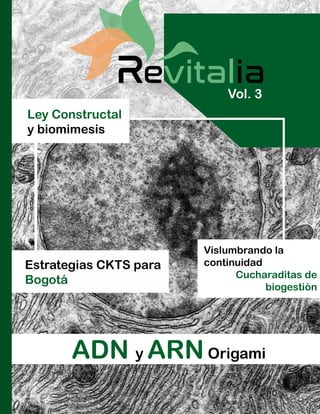 1
evitaliaR
ADN y ARNOrigami
Ley Constructal
y biomimesis
Estrategias CKTS para
Bogotá
Vislumbrando la
continuidad
Cucharaditas de
biogestión
Vol. 3
 