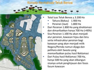 Konsep Revitalisasi Teluk Benoa 
aaaaaaaaaaaaaaaa 
aaaaaaaaaaaaaaaa 
aaaaaaaaaaaaaaaa 
aaaaaa 
 Total luas Teluk Benoa + 3.200 Ha 
 Tahura (Bakau) 1.400 Ha 
 Perairan (laut) 1.800 Ha 
 Dari Perairan 1.800 Ha yang direklamasi 
dan dimanfaatkan hanya 700 Ha (<40%) 
 Sisa Perairan 1.100 Ha akan menjadi 
alur perairan, kawasan hijau dan biru 
serta infrastruktur perairan bagi 
kawasan yang akan menjadi milik 
Negara/Pemda namun dijaga dan 
pelihara oleh Swasta yang 
memanfaatkan pulau hasil Reklamasi 
 Dari Pulau hasil Reklamasi 700 Ha, 
hanya 500 Ha yang akan dibangun 
sisanya untuk penghijauan dan fasos 
fasum kawasan 
 