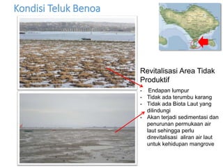 Kondisi Teluk Benoa 
Revitalisasi Area Tidak 
Produktif 
- Endapan lumpur 
- Tidak ada terumbu karang 
- Tidak ada Biota Laut yang 
dilindungi 
- Akan terjadi sedimentasi dan 
penurunan permukaan air 
laut sehingga perlu 
direvitalisasi aliran air laut 
untuk kehidupan mangrove 
 