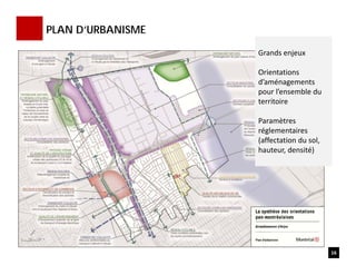 16
PLAN D’URBANISME
Grands enjeux
Orientations 
d’aménagements 
pour l’ensemble du 
territoire
Paramètres 
réglementaires 
(affectation du sol, 
hauteur, densité)
 