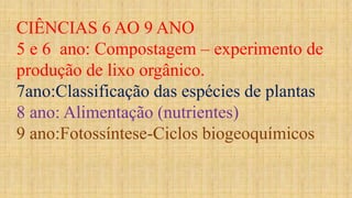 CIÊNCIAS 6 AO 9 ANO
5 e 6 ano: Compostagem – experimento de
produção de lixo orgânico.
7ano:Classificação das espécies de plantas
8 ano: Alimentação (nutrientes)
9 ano:Fotossíntese-Ciclos biogeoquímicos
 