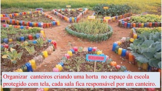 Organizar canteiros criando uma horta no espaço da escola
protegido com tela, cada sala fica responsável por um canteiro.
 