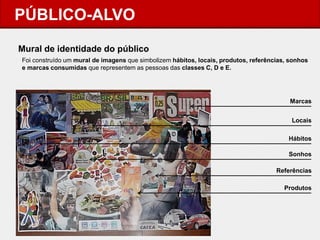 PÚBLICO-ALVO 
Mural de identidade do público 
Foi construído um mural de imagens que simbolizem hábitos, locais, produtos, referências, sonhos e marcas consumidas que representem as pessoas das classes C, D e E. 
Marcas 
Locais 
Hábitos 
Sonhos 
Referências 
Produtos  