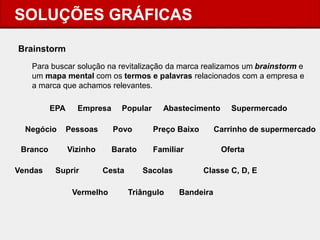 SOLUÇÕES GRÁFICAS 
Brainstorm 
Para buscar solução na revitalização da marca realizamos um brainstorm e um mapa mental com os termos e palavras relacionados com a empresa e a marca que achamos relevantes. 
EPA 
Empresa 
Popular 
Abastecimento 
Supermercado 
Negócio 
Pessoas 
Povo 
Preço Baixo 
Carrinho de supermercado 
Vizinho 
Barato 
Familiar 
Oferta 
Vendas 
Suprir 
Cesta 
Sacolas 
Classe C, D, E 
Branco 
Vermelho 
Triângulo 
Bandeira  