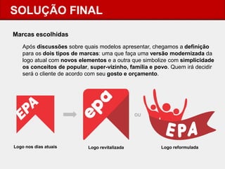 SOLUÇÃO FINAL 
Marcas escolhidas 
Após discussões sobre quais modelos apresentar, chegamos a definição para os dois tipos de marcas: uma que faça uma versão modernizada da logo atual com novos elementos e a outra que simbolize com simplicidade os conceitos de popular, super-vizinho, família e povo. Quem irá decidir será o cliente de acordo com seu gosto e orçamento. 
Logo revitalizada 
Logo reformulada 
Logo nos dias atuais 
OU  