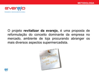 METODOLOGIA
O projeto revitalizar da evarejo, é uma proposta de
reformulação do conceito dominante da empresa no
mercado, ambiente de loja procurando abranger os
mais diversos aspectos supermercadista.
 