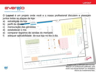 LAYOUT
O Layout é um projeto onde você e o nosso profissional discutem e planejam
juntos todas as etapas da loja:
a) estratégias da loja
b) perfil de cliente
c) mensuração das gôndolas
d) estabelecer o mix
e) comparar registros de vendas do mercado
f) adequar aplicabilidade da sua loja no dia a dia.
Imagine você, a definição para sua loja,
feita por um profissional qualificado, para
você e sua equipe tenham um verdadeiro
retorno do investimento feito.
 