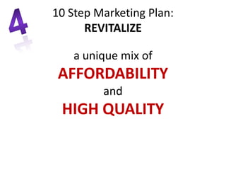 a unique mix of
AFFORDABILITY
and
HIGH QUALITY
10 Step Marketing Plan:
REVITALIZE
 