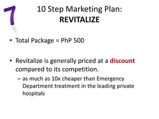 • Total Package = PhP 500
• Revitalize is generally priced at a discount
compared to its competition.
– as much as 10x cheaper than Emergency
Department treatment in the leading private
hospitals
10 Step Marketing Plan:
REVITALIZE
 
