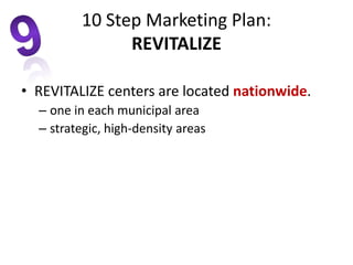 • REVITALIZE centers are located nationwide.
– one in each municipal area
– strategic, high-density areas
10 Step Marketing Plan:
REVITALIZE
 
