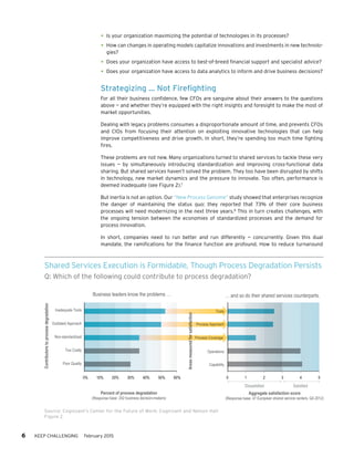 6 KEEP CHALLENGING February 2015
•	Is your organization maximizing the potential of technologies in its processes?
•	How can changes in operating models capitalize innovations and investments in new technolo-
gies?
•	Does your organization have access to best-of-breed financial support and specialist advice?
•	Does your organization have access to data analytics to inform and drive business decisions?
Strategizing … Not Firefighting
For all their business confidence, few CFOs are sanguine about their answers to the questions
above — and whether they’re equipped with the right insights and foresight to make the most of
market opportunities.
Dealing with legacy problems consumes a disproportionate amount of time, and prevents CFOs
and CIOs from focusing their attention on exploiting innovative technologies that can help
improve competitiveness and drive growth. In short, they’re spending too much time fighting
fires.
These problems are not new. Many organizations turned to shared services to tackle these very
issues — by simultaneously introducing standardization and improving cross-functional data
sharing. But shared services haven’t solved the problem. They too have been disrupted by shifts
in technology, new market dynamics and the pressure to innovate. Too often, performance is
deemed inadequate (see Figure 2).7
But inertia is not an option. Our “New Process Genome” study showed that enterprises recognize
the danger of maintaining the status quo: they reported that 73% of their core business
processes will need modernizing in the next three years.8
This in turn creates challenges, with
the ongoing tension between the economies of standardized processes and the demand for
process innovation.
In short, companies need to run better and run differently — concurrently. Given this dual
mandate, the ramifications for the finance function are profound. How to reduce turnaround
Shared Services Execution is Formidable, Though Process Degradation Persists
Q: Which of the following could contribute to process degradation?
Source: Cognizant’s Center for the Future of Work; Cognizant and Nelson Hall
Figure 2
Shared Services Execution is Formidable, Though Process Degradation Persists
Q: Which of the following could contribute to process degradation?
Source: Cognizant’s Center for the Future of Work; Cognizant and Nelson Hall
Figure 2
0% 10% 20% 30% 40% 50% 60% 0 1 2 3 4 5
Inadequate Tools
Outdated Approach
Non-standardized
Too Costly
Poor Quality
Percent of process degradation
(Response base: 242 business decision-makers)
Aggregate satisfaction score
(Response base: 47 European shared service centers, Q4 2012)
Dissatisfied Satisfied
Tools
Business leaders know the problems … … and so do their shared services counterparts.
Areasmeasuredforsatisfaction
Contributorstoprocessdegradation
Operations
Capability
Process Approach
Process Coverage
Tools
nnssfafa
PProccess AApproach
for
Processs Coverage
seek process ﬂexibility and value-based thinking, leaders in shared services can
often make the following mistakes:
• Focus on the value of shared services solely as a function of cost. Stakehold-
 