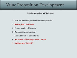 Value Proposition Development
Building a winning “VP” in 7 Steps
1. Start with mature product’s core competencies
2. Know your customers
3. Competencies = Character
4. Research the competition
5. Look at trends in the industry
6. Articulate Effectively Product Vision
7. Validate the “VALUE”
 