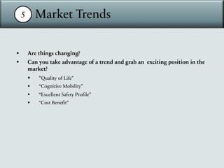 5 Market Trends
§ Are things changing?
§ Can you take advantage of a trend and grab an exciting position in the
market?
§ “Quality of Life”
§ “Cognitive Mobility”
§ “Excellent Safety Profile”
§ “Cost Benefit”
 