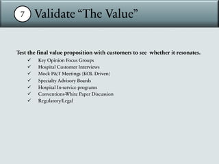 7 Validate “The Value”
Test the final value proposition with customers to see whether it resonates.
ü Key Opinion Focus Groups
ü Hospital Customer Interviews
ü Mock P&T Meetings (KOL Driven)
ü Specialty Advisory Boards
ü Hospital In-service programs
ü Conventions-White Paper Discussion
ü Regulatory/Legal
 