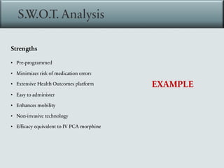 S.W.O.T. Analysis
Strengths
▪ Pre-programmed
▪ Minimizes risk of medication errors
▪ Extensive Health Outcomes platform
▪ Easy to administer
▪ Enhances mobility
▪ Non-invasive technology
▪ Efficacy equivalent to IV PCA morphine
EXAMPLE
 