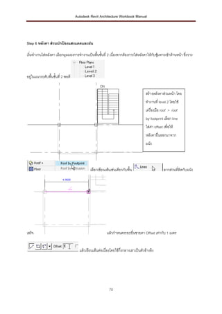 Autodesk Revit Architecture Workbook Manual




Step 6 หลังคา ส่ วนปกปองแสงแดดและฝน
                      ้

เริ่มทางานใส่หลังคา เลือกมุมมองการทางานเป็นพื้นชั้นที่ 2 เนื่องจากต้องการใส่หลังคาให้กับซุมทางเข้าด้านหน้า ซึ่งวาง
                                                                                          ้



อยู่ในแนวระดับพื้นชั้นที่ 2 พอดี


                                                                                  สร้างหลังคาส่วนหน้า โดย
                                                                                  ทางานที่ level 2 โดยใช้
                                                                                  เครื่องมือ roof > roof
                                                                                  by footprint เลือก line
                                                                                  ใส่ค่า offset เพื่อให้
                                                                                  หลังคายื่นออกมาจาก
                                                                                  ผนัง




                                            เลือกเขียนเส้นเช่นเดียวกับพื้น                      ลากส่วนที่ติดกับผนัง




เสร็จ                                                   แล้วกาหนดระยะยื่นชายคา Offset เท่ากับ 1 เมตร


                                     แล้วเขียนเส้นต่อเนื่องโดยใช้กงกลางเสาเป็นตัวอ้างอิง
                                                                  ึ่




                                                         70
 