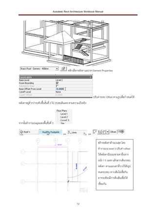 Autodesk Revit Architecture Workbook Manual




                                               คลิกเลือกหลังคาและกด Element Properties




                                                                         ปรับค่าระยะ Offset ตามรูปเพื่อกาหนดให้
หลังคาอยูต่ากว่าระดับพื้นชั้นที่ 2 ไป 20เซนติเมตร ตามความเป็นจริง
         ่




จากนั้นทางานบนมุมมองพื้นชั้นที่ 3


                                          >>                        >>

                                                                             สร้างหลังคาด้านบนสุด โดย
                                                                             ทางานบน level 3 ปรับค่า offset
                                                                             ให้หลังคามีระยะชายคายื่นจาก
                                                                             ผนัง 1.5 เมตร แล้วลากเส้นกรอบ
                                                                             หลังคา ตามแนวเสาทีวางไว้ดงรูป
                                                                                               ่      ั
                                                                             จนครบรอบ หากเส้นไม่เชื่อกัน
                                                                             อาจจะต้องมีการดึงเส้นเพื่อให้
                                                                             เชื่อมกัน




                                                       72
 