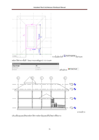 Autodesk Revit Architecture Workbook Manual




                                                             จากนั้นเลือกไปที่        ตั้งค่าองศา
หลังคาให้ต่างจากชั้นที่ 1 โดยมากจะลาดชันสูงกว่า 10-15 องศา



                                                                        เสร็จแล้วกด




                                                                                        อาจจะมีการ
ปรับเปลี่ยนคุณสมบัติของหลังคาได้หากหลังคามีคุณสมบัติไม่ใช่อย่างทีต้องการ
                                                                 ่




                                                     76
 