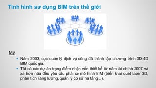 Tình hình sử dụng BIM trên thế giới
Mỹ
 Năm 2003, cục quản lý dịch vụ công đã thành lập chương trình 3D-4D
BIM quốc gia.
 Tất cả các dự án trọng điểm nhận vốn thiết kế từ năm tài chính 2007 và
xa hơn nữa đều yêu cầu phải có mô hình BIM (triển khai quét laser 3D,
phân tích năng lượng, quản lý cơ sở hạ tầng…).
 