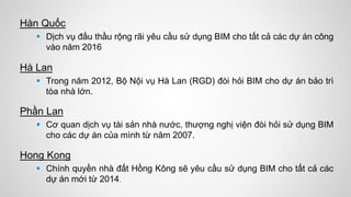 Hàn Quốc
 Dịch vụ đấu thầu rộng rãi yêu cầu sử dụng BIM cho tất cả các dự án công
vào năm 2016
Hà Lan
 Trong năm 2012, Bộ Nội vụ Hà Lan (RGD) đòi hỏi BIM cho dự án bảo trì
tòa nhà lớn.
Hong Kong
 Chính quyền nhà đất Hồng Kông sẽ yêu cầu sử dụng BIM cho tất cả các
dự án mới từ 2014.
Phần Lan
 Cơ quan dịch vụ tài sản nhà nước, thượng nghị viện đòi hỏi sử dụng BIM
cho các dự án của mình từ năm 2007.
 