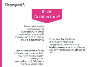 Περιγραφή
Είναι σχεδιαστικό
πρόγραμμα της
Autodesk®, το οποίο
προσφέρει μία ακριβή
προσέγγιση στη σχεδίαση
σε 2 ή 3 διαστάσεις.
Δεν απαιτούνται ειδικές
γνώσεις για την εκμάθηση
του Revit Architecture®,
καθώς είναι
επαγγελματική δεξιότητα
η οποία μαθαίνεται.
Revit
Architecture®
Είναι ένα BIM (Building
Information Modeling)
πρόγραμμα, το οποίο είναι
διαδραστικό κατά τη σχεδίαση
και την τροποίηση σε 2D και σε
3D.
 