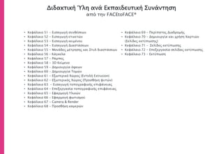Διδακτική Ύλη ανά Εκπαιδευτική Συνάντηση
από την FACEtoFACE®
• Κεφάλαιο 51 - Εισαγωγή συνθέσεων
• Κεφάλαιο 52 - Εισαγωγή ετικετών
• Κεφάλαιο 53 - Εισαγωγή κειμένου
• Κεφάλαιο 54 - Εισαγωγή Διαστάσεων
• Κεφάλαιο 55 - Μονάδες μέτρησης και Στυλ διαστάσεων
• Κεφάλαιο 56 – Κάγκελα
• Κεφάλαιο 57 - Ράμπες
• Κεφάλαιο 58 - 3D Κείμενο
• Κεφάλαιο 59 - Δημιουργία όψεων
• Κεφάλαιο 60 - Δημιουργία Τομών
• Κεφάλαιο 61 - Εξωτερικό Χώρος (Εντολή Extrusion)
• Κεφάλαιο 62 - Εξωτερικός Χώρος (Προσθήκη φυτών)
• Κεφάλαιο 63 - Εισαγωγή τοπογραφικής επιφάνειας
• Κεφάλαιο 64 - Επεξεργασία τοπογραφικής επιφάνειας
• Κεφάλαιο 65 - Εφαρμογή Υλικών
• Κεφάλαιο 66 - Εφαρμογή φωτισμού
• Κεφάλαιο 67 - Camera & Render
• Κεφάλαιο 68 - Προσθήκη καμερών
• Κεφάλαιο 69 - Περίπατος Διαδρομής
• Κεφάλαιο 70 - Δημιουργία και χρήση Χαρτιών
(Σελίδες εκτύπωσης)
• Κεφάλαιο 71 – Σελίδες εκτύπωσης
• Κεφάλαιο 72 - Επεξεργασία σελίδας εκτύπωσης
• Κεφάλαιο 73 - Εκτύπωση
 
