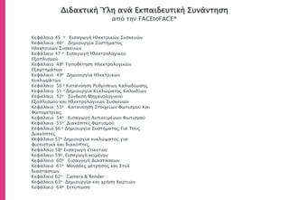 Διδακτική Ύλη ανά Εκπαιδευτική Συνάντηση
από την FACEtoFACE®
Κεφάλαιο 45 ο Εισαγωγή Ηλεκτρικών Συσκευών
Κεφάλαιο 46ο Δημιουργία Συστήματος
Ηλεκτρικών Συσκευών
Κεφάλαιο 47 ο Εισαγωγή Ηλεκτρολογικού
Εξοπλισμού
Κεφάλαιο 48ο Τοποθέτηση Ηλεκτρολογικών
Εξαρτημάτων
Κεφάλαιο 49ο Δημιουργία Ηλεκτρικών
Κυκλωμάτων
Κεφάλαιο 50 ο Κατανόηση Ρυθμίσεων Καλωδίωσης
Κεφάλαιο 51 ο Δημιουργία Κυκλώματος Καλωδίων
Κεφάλαιο 52ο Σύνδεση Μηχανολογικού
Εξοπλισμού και Ηλεκτρολογικών Συσκευών
Κεφάλαιο 53ο Κατανόηση Στοιχείων Φωτισμού Και
Φωτομετρίας
Κεφάλαιο 54ο Εισαγωγή Αντικειμένων Φωτισμού
Κεφάλαιο 55o Διακόπτες Φωτισμού
Κεφάλαιο 56 o Δημιουργία Συστήματος Για Τους
Διακόπτες
Κεφάλαιο 57o Δημιουργία κυκλώματος για
φωτιστικά και διακόπτες
Κεφάλαιο 58ο Εισαγωγή ετικετών
Κεφάλαιο 59ο Εισαγωγή κειμένου
Κεφάλαιο 60ο Εισαγωγή Διαστάσεων
Κεφάλαιο 61ο Μονάδες μέτρησης και Στυλ
διαστάσεων
Κεφάλαιο 62ο Camera & Render
Κεφάλαιο 63ο Δημιουργία και χρήση Χαρτιών
Κεφάλαιο 64ο Εκτύπωση
 