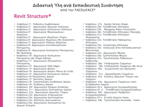 Διδακτική Ύλη ανά Εκπαιδευτική Συνάντηση
από την FACEtoFACE®
Revit Structure®
• Κεφάλαιο 1ο Ρυθμίσεις Συμβολισμών
• Κεφάλαιο 2ο Δημιουργία-Δομικών-Κολώνων
• Κεφάλαιο 3ο Δημιουργία-Κεκλιμένων-Κολώνων
• Κεφάλαιο 4ο Δημιουργία-Μεμονωμένων-
Θεμελίων
• Κεφάλαιο 5ο Δημιουργία-Θεμελίων-Τοίχου
• Κεφάλαιο 6ο Δημιουργία-Θεμελίων-Με-Σκαλοπάτι
• Κεφάλαιο 7ο Δημιουργία-Πλάκας-Θεμελίων
• Κεφάλαιο 8ο Δημιουργία-Κατασκευαστικού-
Πατώματος
• Κεφάλαιο 9ο Δημιουργία-Κεκλιμένου-Πατώματος-
Με-Sketching
• Κεφάλαιο 10ο Δημιουργία-Κεκλιμένου-
Πατώματος-Με-Shape-Editing
• Κεφάλαιο 11ο Δημιουργία-Ανοιγμάτων-
Πατώματος
• Κεφάλαιο 12ο Δημιουργία-Slab-Edges
• Κεφάλαιο 13ο Δημιουργία-Δοκών
• Κεφάλαιο 14ο Δημιουργία-Δοκών-Πάνω-Σε-Grids
• Κεφάλαιο 15ο Δημιουργία-Κεκλιμένων-Δοκών
• Κεφάλαιο 16ο Οικογένειες-Δοκών
• Κεφάλαιο 17ο Ιδιότητες-Δοκών
• Κεφάλαιο 18ο Τροποποίηση-Συνδέσεων-Δοκών
• Κεφάλαιο 19ο Συνδέσεις-Δοκών
• Κεφάλαιο 20o Δημιουργία-Εσοχών-Σύνδεσης
• Κεφάλαιο 21 o Δημιουργία-Συστημάτων-Δοκών
• Κεφάλαιο 22o Δημιουργία-Δομικών-Τοίχων
• Κεφάλαιο 23ο Δημιουργία-Στηριγμάτων
• Κεφάλαιο 24ο Δημιουργία-Δικτυωμάτων
• Κεφάλαιο 25ο Ιδιότητες-Δικτυωμάτων
• Κεφάλαιο 26ο Δημιουργία-Ανοιγμάτων-Σε-
Δομικά-Στοιχεία
• Κεφάλαιο 27o Χρήση-Section-Shape
• Κεφάλαιο 28ο Τοποθέτηση-Οπλισμού
• Κεφάλαιο 29o Managing-Rebar-Constraints
• Κεφάλαιο 30ο Τοποθέτηση-Οπλισμού-Περιοχής
• Κεφάλαιο 31ο Τοποθέτηση-Οπλισμού-
Περάσματος
• Κεφάλαιο 32ο Τοποθέτηση-Υφάσματος-
Οπλισμού_
• Κεφάλαιο 33ο Επικάλυψη-Οπλισμού
• Κεφάλαιο 34ο Εισαγωγή-Στον-Κατασκευαστικό-
Μοντελισμό
• Κεφάλαιο 35ο Δημιουργία-Μερών
• Κεφάλαιο 36ο Τροποποίηση-Μερών
• Κεφάλαιο 37ο Τροποποίηση-Ρυθμίσεων-
Εμφάνισης
• Κεφάλαιο 38ο Υποδιαίρεση-Τμημάτων
• Κεφάλαιο 39ο Υποδιαίρεση-Τμημάτων-Με-Κενά
• Κεφάλαιο 40ο Συγχώνευση-και-Εξαίρεση-
Τμημάτων
• Κεφάλαιο 41ο -Δρομολόγηση-Τμημάτων
• Κεφάλαιο 42ο Ενώσεις-Δομικών-Τοίχων-και-
Τμήματα
• Κεφάλαιο 43ο Δημιουργία-Τμημάτων-από-
Συνδεδεμένα-Αρχεία
• Κεφάλαιο 44 ο Δημιουργία-Συναρμολόγησης
• Κεφάλαιο 45 ο Τοποθέτηση-Συναρμολογήσεων
• Κεφάλαιο 46ο Δημιουργία-Προβολών-
Συναρμολογήσεων
• Κεφάλαιο 47 ο Εντολή-Acquire-Views
• Κεφάλαιο 48ο Τροποποίηση-Assembly - Views
 