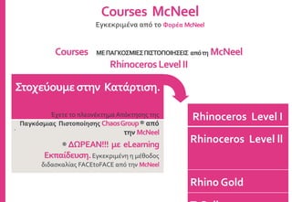 Rhinoceros Level I
Rhinoceros Level ll
Rhino Gold
Courses McNeel
Εγκεκριμένα από το Φορέα McNeel
Στοχεύουμεστην Κατάρτιση.
.
Έχετε το πλεονέκτημα Απόκτησης της
Παγκόσμιας Πιστοποίησης ChaosGroup® από
την McNeel
® ΔΩΡΕΑΝ!!! με eLearning
Εκπαίδευση.Εγκεκριμένη η μέθοδος
διδασκαλίας FACEtoFACE από την McNeel
Courses ΜΕΠΑΓΚΟΣΜΙΕΣΠΙΣΤΟΠΟΙΗΣΕΙΣ απότη McNeel
RhinocerosLevelII
 