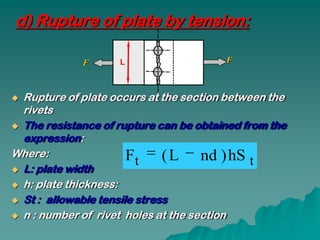 d) Rupture of plate by tension:

             F      L                   F



 Rupture of plate occurs at the section between the
  rivets
 The resistance of rupture can be obtained from the
  expression:
Where:                 Ft ( L nd ) hS t
 L: plate width

 h: plate thickness:

 St : allowable tensile stress

 n : number of rivet holes at the section
 