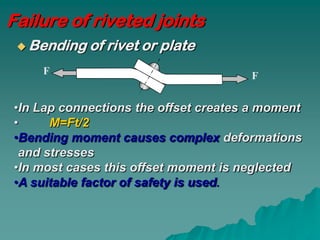 Failure of riveted joints
  Bending   of rivet or plate
    F                                 F


•In Lap connections the offset creates a moment
•     M=Ft/2
•Bending moment causes complex deformations
 and stresses
•In most cases this offset moment is neglected
•A suitable factor of safety is used.
 
