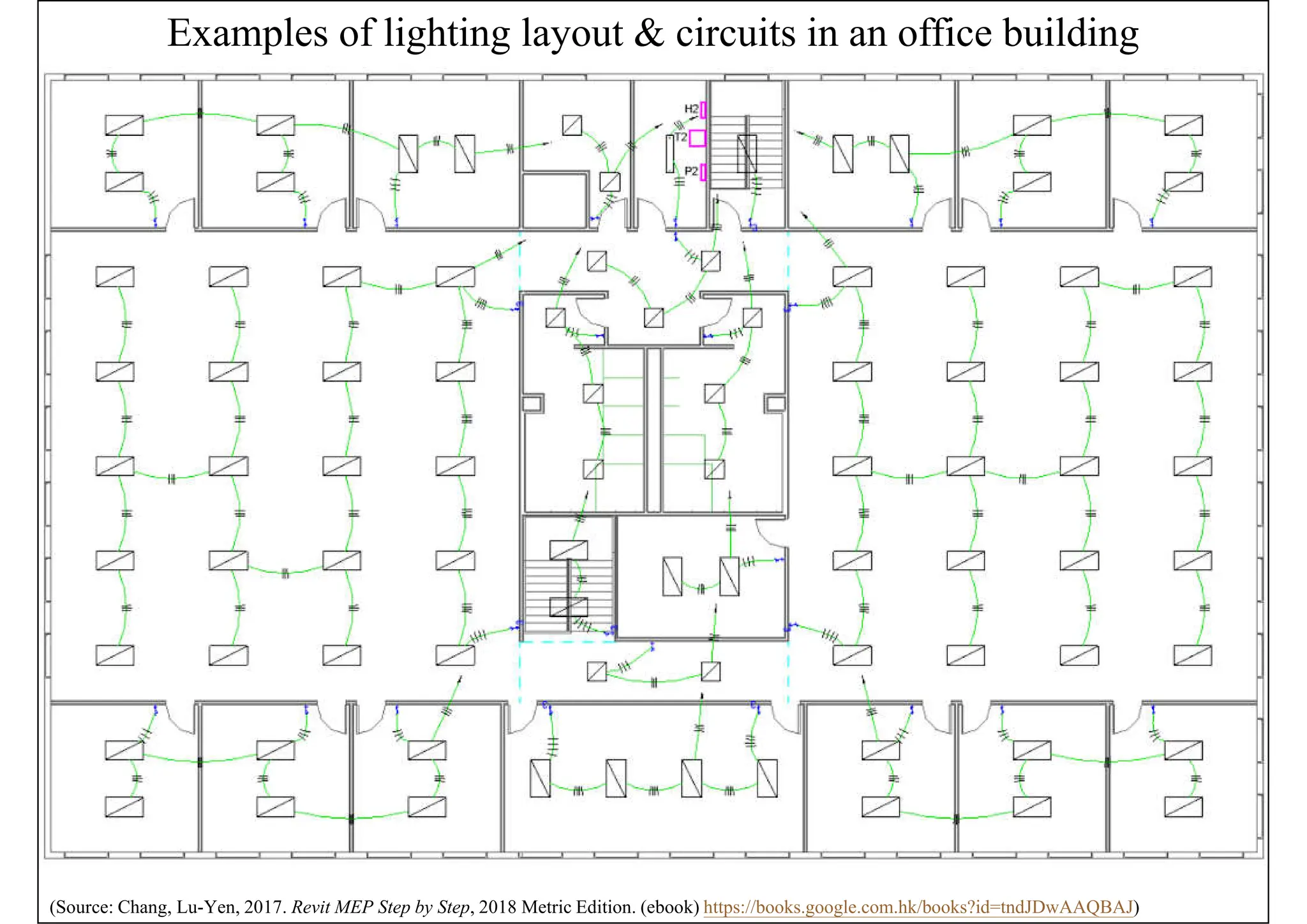 Examples of lighting layout & circuits in an office building
(Source: Chang, Lu-Yen, 2017. Revit MEP Step by Step, 2018 Metric Edition. (ebook) https://books.google.com.hk/books?id=tndJDwAAQBAJ)
 