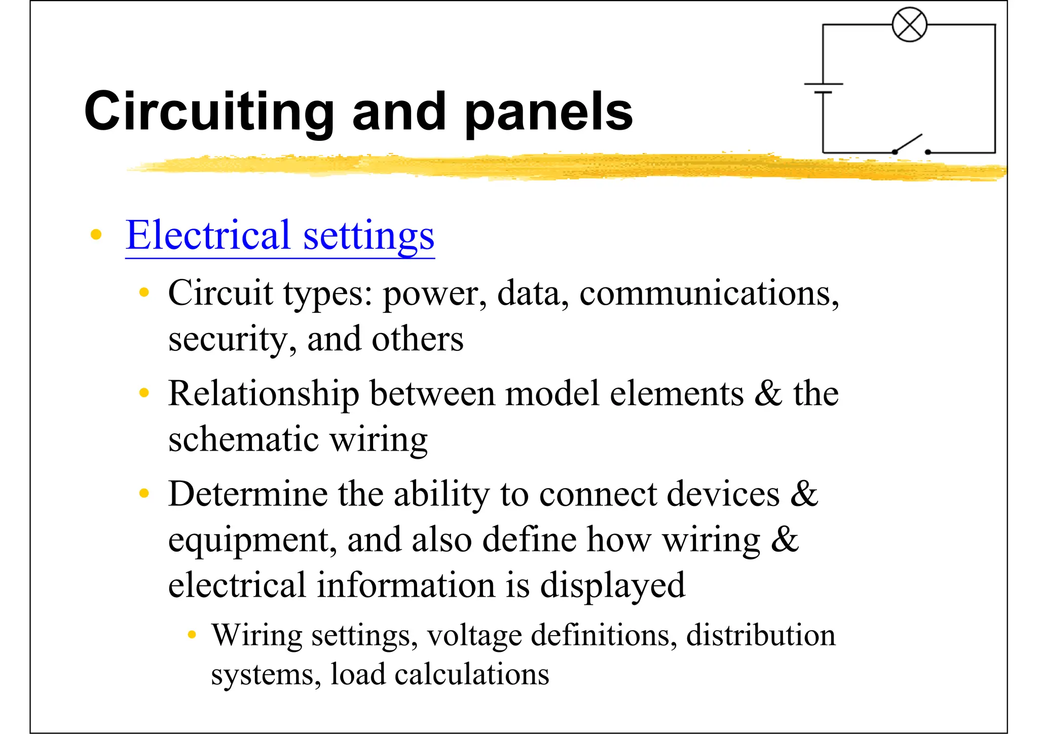 Circuiting and panels
• Electrical settings
• Circuit types: power, data, communications,
security, and others
• Relationship between model elements & the
schematic wiring
• Determine the ability to connect devices &
equipment, and also define how wiring &
electrical information is displayed
• Wiring settings, voltage definitions, distribution
systems, load calculations
 