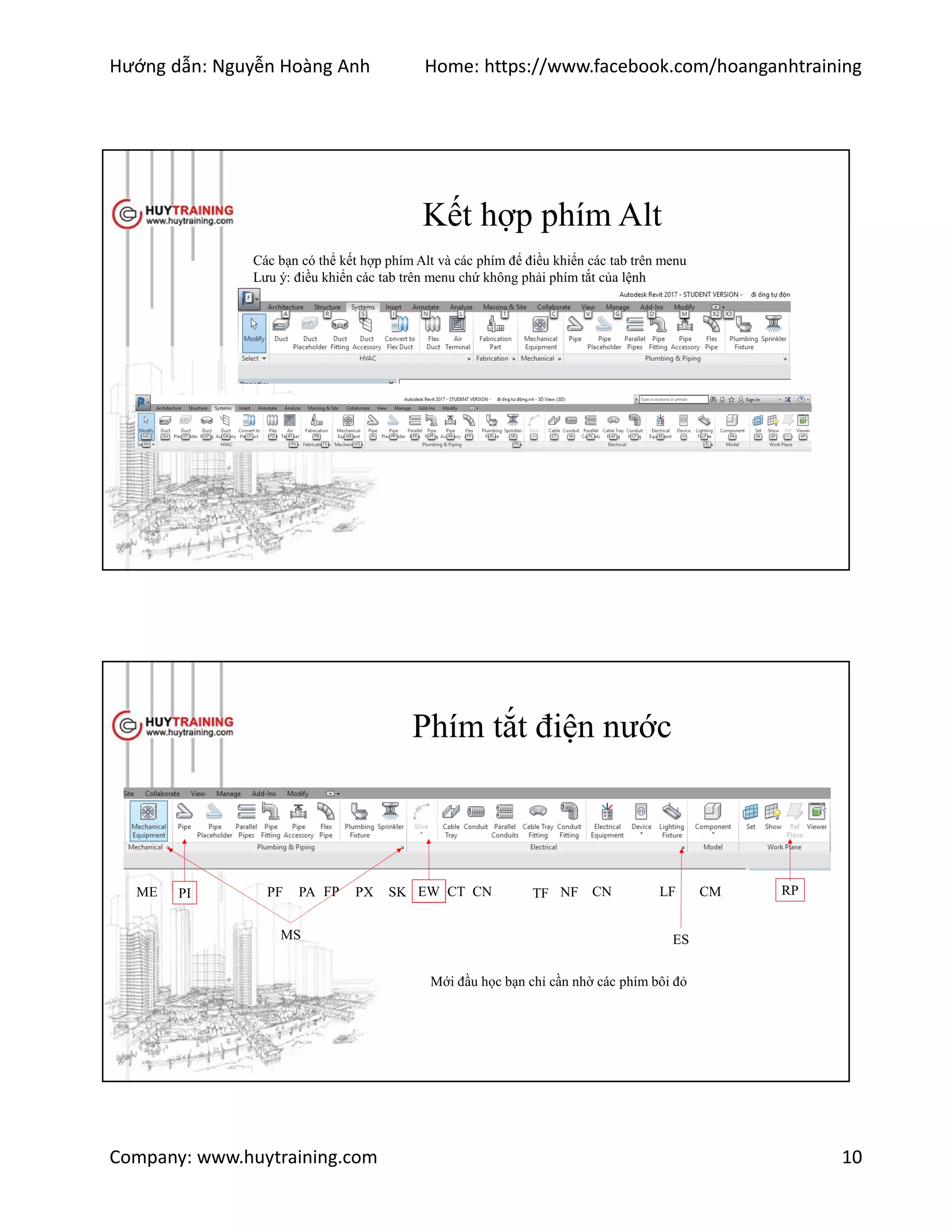 Hướng dẫn: Nguyễn Hoàng Anh Home: https://www.facebook.com/hoanganhtraining
Company: www.huytraining.com 10
Kết hợp phím Alt
Các bạn có thể kết hợp phím Alt và các phím để điều khiển các tab trên menu
Lưu ý: điều khiển các tab trên menu chứ không phải phím tắt của lệnh
Phím tắt điện nước
ME PI PF PA FP PX SK EW CT CN TF NF CN LF CM RP
MS ES
Mới đầu học bạn chỉ cần nhờ các phím bôi đỏ
 