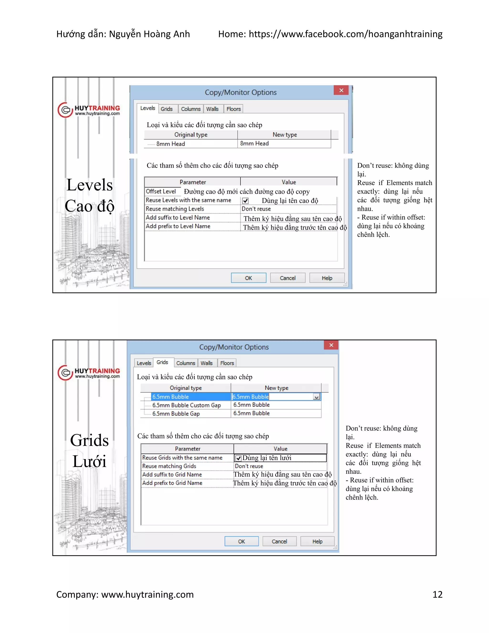 Hướng dẫn: Nguyễn Hoàng Anh Home: https://www.facebook.com/hoanganhtraining
Company: www.huytraining.com 12
Levels
Cao độ
Loại và kiểu các đối tượng cần sao chép
Các tham số thêm cho các đối tượng sao chép
Đường cao độ mới cách đường cao độ copy
Dùng lại tên cao độ
Thêm ký hiệu đằng sau tên cao độ
Thêm ký hiệu đằng trước tên cao độ
Don’t reuse: không dùng
lại.
Reuse if Elements match
exactly: dùng lại nếu
các đối tượng giống hệt
nhau.
- Reuse if within offset:
dùng lại nếu có khoảng
chênh lệch.
Grids
Lưới
Loại và kiểu các đối tượng cần sao chép
Các tham số thêm cho các đối tượng sao chép
Dùng lại tên lưới
Don’t reuse: không dùng
lại.
Reuse if Elements match
exactly: dùng lại nếu
các đối tượng giống hệt
nhau.
- Reuse if within offset:
dùng lại nếu có khoảng
chênh lệch.
Thêm ký hiệu đằng sau tên cao độ
Thêm ký hiệu đằng trước tên cao độ
 