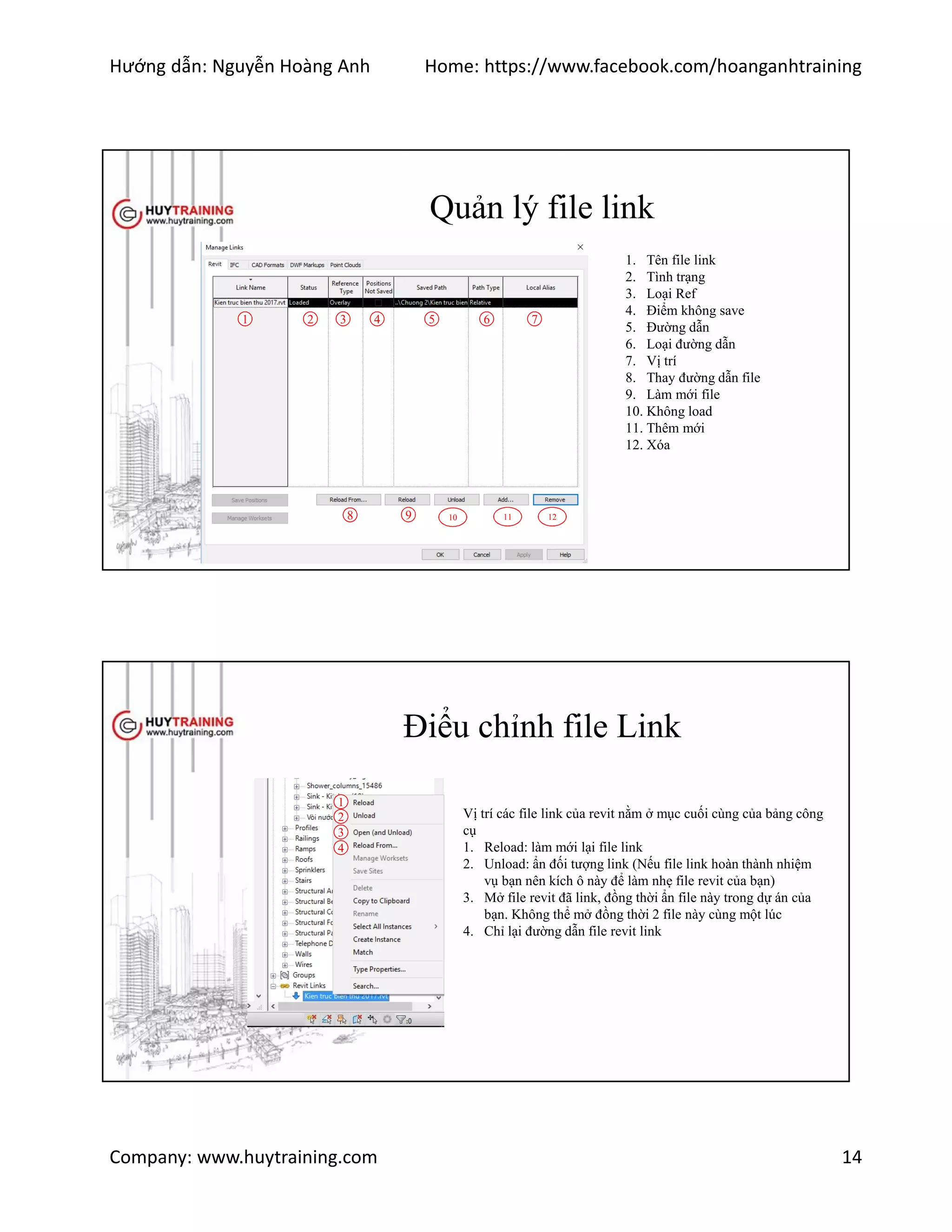Hướng dẫn: Nguyễn Hoàng Anh Home: https://www.facebook.com/hoanganhtraining
Company: www.huytraining.com 14
Quản lý file link
1 2 3 4 5 6 7
8 9 10 11 12
1. Tên file link
2. Tình trạng
3. Loại Ref
4. Điểm không save
5. Đường dẫn
6. Loại đường dẫn
7. Vị trí
8. Thay đường dẫn file
9. Làm mới file
10. Không load
11. Thêm mới
12. Xóa
Điểu chỉnh file Link
Vị trí các file link của revit nằm ở mục cuối cùng của bảng công
cụ
1. Reload: làm mới lại file link
2. Unload: ẩn đối tượng link (Nếu file link hoàn thành nhiệm
vụ bạn nên kích ô này để làm nhẹ file revit của bạn)
3. Mở file revit đã link, đồng thời ẩn file này trong dự án của
bạn. Không thể mở đồng thời 2 file này cùng một lúc
4. Chỉ lại đường dẫn file revit link
1
2
3
4
 