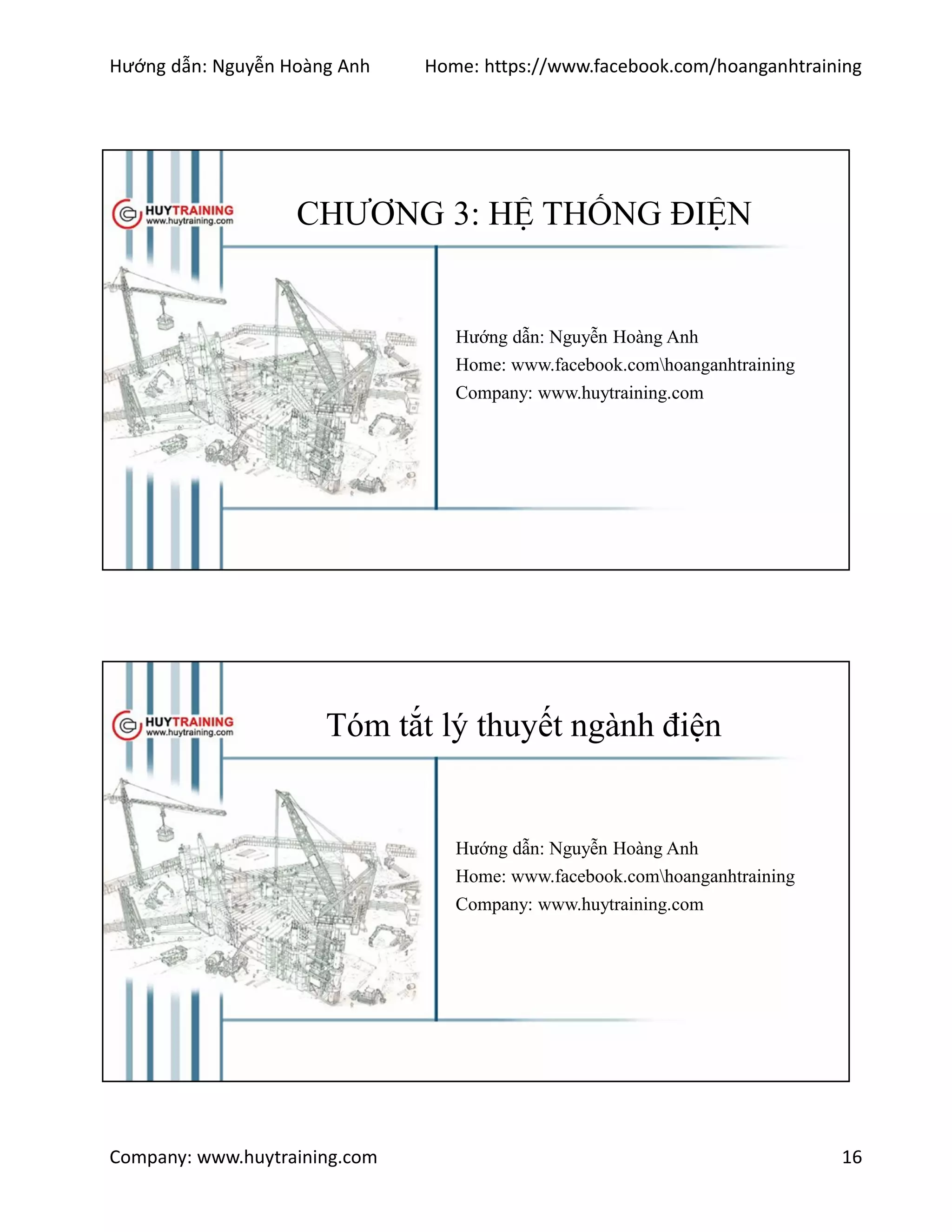 Hướng dẫn: Nguyễn Hoàng Anh Home: https://www.facebook.com/hoanganhtraining
Company: www.huytraining.com 16
CHƯƠNG 3: HỆ THỐNG ĐIỆN
Hướng dẫn: Nguyễn Hoàng Anh
Home: www.facebook.comhoanganhtraining
Company: www.huytraining.com
Tóm tắt lý thuyết ngành điện
Hướng dẫn: Nguyễn Hoàng Anh
Home: www.facebook.comhoanganhtraining
Company: www.huytraining.com
 