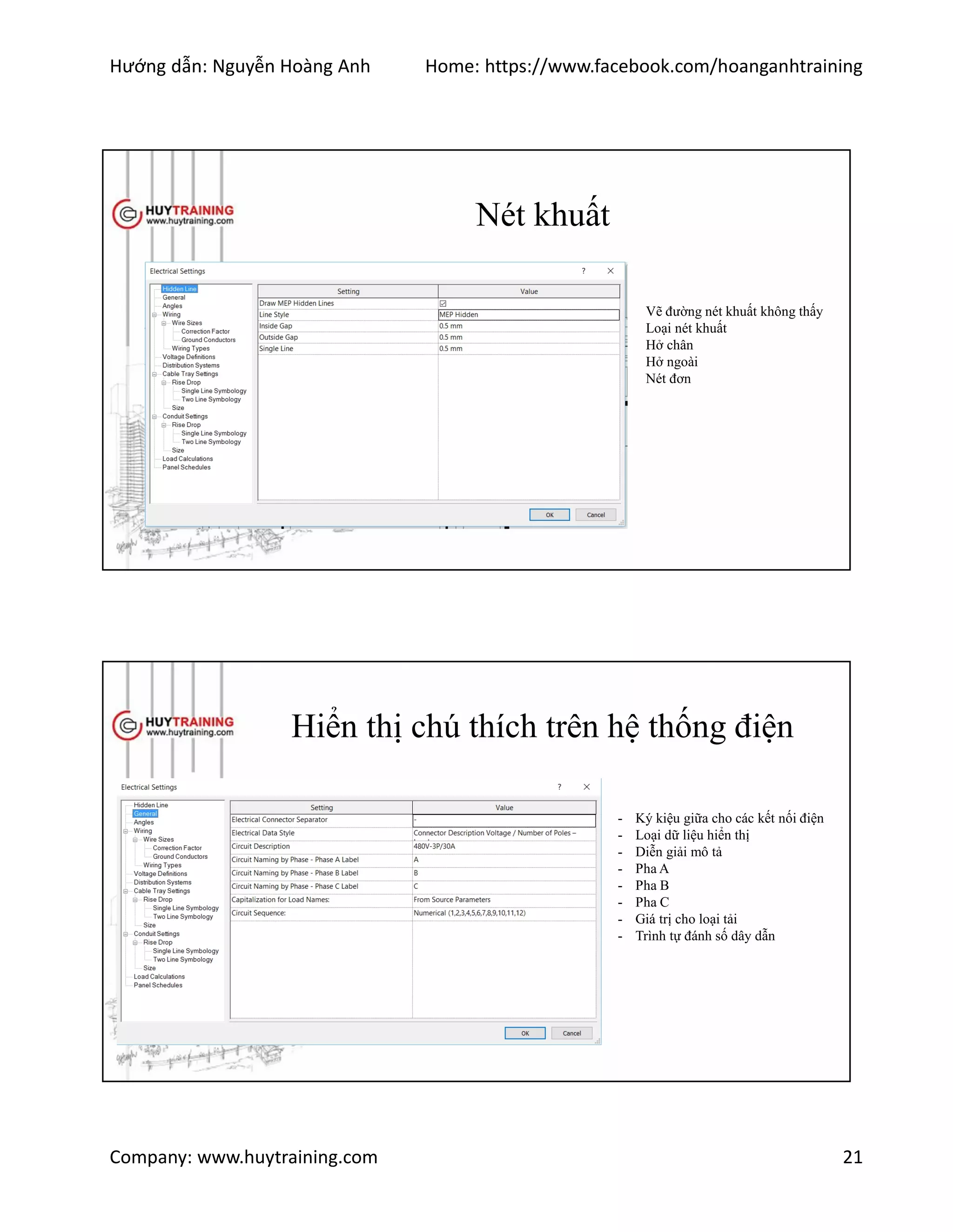 Hướng dẫn: Nguyễn Hoàng Anh Home: https://www.facebook.com/hoanganhtraining
Company: www.huytraining.com 21
Nét khuất
Vẽ đường nét khuất không thấy
Loại nét khuất
Hở chân
Hở ngoài
Nét đơn
Hiển thị chú thích trên hệ thống điện
- Ký kiệu giữa cho các kết nối điện
- Loại dữ liệu hiển thị
- Diễn giải mô tả
- Pha A
- Pha B
- Pha C
- Giá trị cho loại tải
- Trình tự đánh số dây dẫn
 