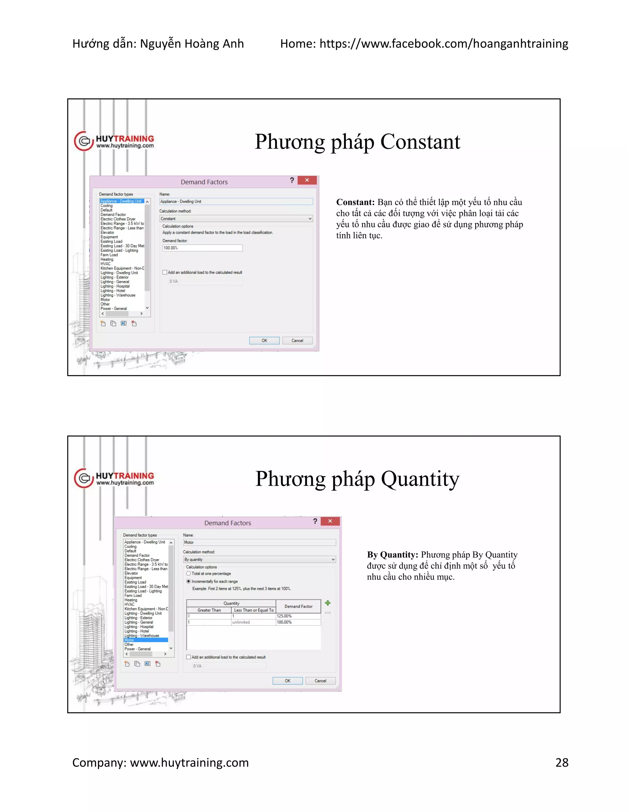 Hướng dẫn: Nguyễn Hoàng Anh Home: https://www.facebook.com/hoanganhtraining
Company: www.huytraining.com 28
Phương pháp Constant
Constant: Bạn có thể thiết lập một yếu tố nhu cầu
cho tất cả các đối tượng với việc phân loại tải các
yếu tố nhu cầu được giao để sử dụng phương pháp
tính liên tục.
Phương pháp Quantity
By Quantity: Phương pháp By Quantity
được sử dụng để chỉ định một số yếu tố
nhu cầu cho nhiều mục.
 